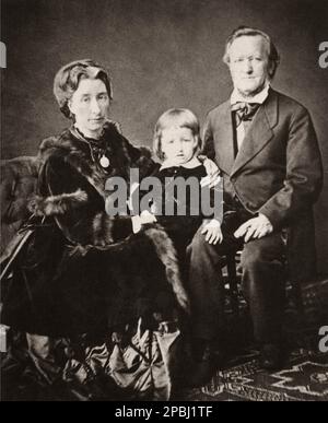 1873 Ca : der deutsche Musikkomponist RICHARD WAGNER ( 1813 - 1883 ) mit der Ehefrau COSIMA WAGNER LISZT ( Tochter des Musikkomponisten Franz Liszt und der Gräfin Marie de Flavigny d' Agout , 1837 - 1930 ) , verheiratet mit dem Musikdirigenten Hans von Bulow , einem engen Freund von Wagner . Auf diesem Foto mit dem Sohn SIEGFRIED WAGNER ( 1869 - 1930 ) , Zukünftig gefeierte Komponistin - MUSIK - KLASSIK - MUSICA CLASSICA - LIRICA - OPER - BAYERN - BAYERN - Compositore - Musicista - Porträt - Rituto - Liebende - Amanti - COMPOSITORE - OPERA LIRICA - MUSICISTA - Halsband - colletto - CRAVATTA - KRAWATTE - ARCHIVIO GB Stockfoto