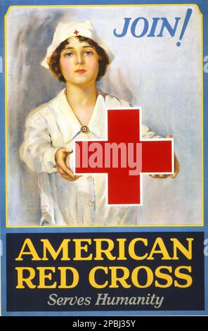 1918 , USA : American Red Cross - Join . Dient Der Menschheit. Posterkunst des Künstlers LAWRENCE WILBUR - CROCE ROSSA - ferito - gesegnet - ERSTER WELTKRIEG - PRIMA GUERRA MONDIALE - Grande Guerra - großer Krieg - foto storiche storica - locandina - Poster - Gravur - Incisione - Illustration - Illustrazione - GESCHICHTSFOTOS - manifest - AFFICHE - Crocerossina - infermiera - Krankenschwester --- Archivio GBB Stockfoto