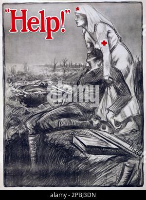 1917 , USA : American Red Cross - 'Help!'. Rotes Kreuz Rekrutierungsposter zeigt eine Krankenschwester des Roten Kreuzes, die einen verwundeten Soldaten vom Schlachtfeld zieht - CROCE ROSSA - ferito - gesegnet - ERSTER WELTKRIEG - PRIMA GUERRA MONDIALE - Grande Guerra - großer Krieg - foto storiche storica - locandina - Poster - Gravur - Incisione - Illustration - illustrazione - GESCHICHTSFOTOS - Manifest - AFFICHE - Crocerossina - Krankenschwestern --- Archivio GBB Stockfoto