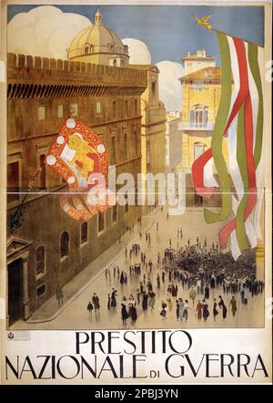 1917 , ITALIEN : italienisches Werbeplakat für die PRESTITO NAZIONALE DI GUERRA , war Bounds gründet . Gedruckt in Rom Officine Litografiche Anonima Afpissioni gia' Montorfano & Valcarenghi - WELTKRIEG I - PRIMA GUERRA MONDIALE - Grande Guerra - großer Krieg - foto storiche storica - locandina - Poster - Gravur - Incisione - Illustration - Illustrazione - ITALIA - GESCHICHTSFOTOS - Piazza Venezia A ROMA - Rom - Stendardo di San Marco - Leone - bandiera - bandiere - italienische Flaggen - italiana - Tricolore italiano - patria - patriottismo - BANCA - BANK - Azioni - Löwe - manif Stockfoto