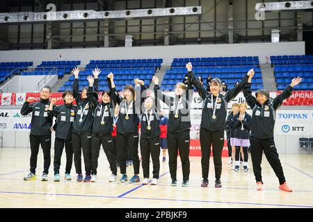 Tachikawa Japan. 12. März 2023. Mannschaftsgruppe Japan, 12. MÄRZ 2023 - Torball : Medaillenverleihung in der Arena Tachikawa Tachihi während der japanischen Para-Goal-Meisterschaft 2023 in Tachikawa Japan. Kredit: SportsPressJP/AFLO/Alamy Live News Stockfoto