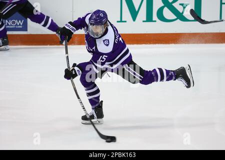 11. März 2023: Holy Cross Crusaders Forward Jack Ricketts (16) schießt in der zweiten Stunde gegen die RIT Tigers. Das Rochester Institute of Technology Tigers war Gastgeber der Kreuzritter der Holy Cross University im Halbfinalspiel des Atlantic Hockey Tournament 2 im Gene Polisseni Center in Rochester, New York. (Jonathan Tenca/CSM) Stockfoto