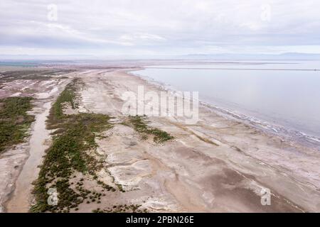 Die Salton Sea ist eines der ärgerlichsten Umweltprobleme im amerikanischen Westen. Der See schrumpft aufgrund des Klimawandels, der anhaltenden Dürre und der schrumpfenden Zuflüsse aus landwirtschaftlichen Abflüssen, die vom Colorado River gespeist werden. An der schwindenden Küste sind nicht nur salzige Schlammflächen und tote Fische, sondern auch gefährliche Chemikalien wie Arsen, Selen, Chrom und DDT sichtbar. Wenn der Wind aufweht, werden diese Schadstoffe durch die Luft übertragen und stellen ein großes Risiko für die öffentliche Gesundheit der Bewohner des Imperial Valley – und der Menschen in ganz Südkalifornien dar. Stockfoto