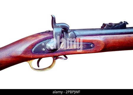 Retro-amerikanisches Schockgewehr, hergestellt vor dem Bürgerkrieg, Nahaufnahme, isoliert auf weißem Hintergrund Stockfoto