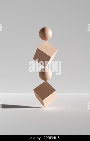 Holzwürfel und -Kugeln balancieren auf weißem Hintergrund. Abstrakte Minimalkunst mit geometrischen Formen. 3D-Rendern. Stockfoto