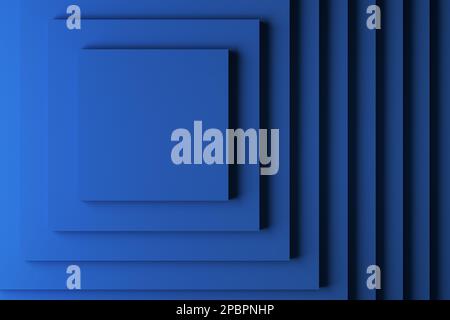 Blaue pyramidenförmige Treppe mit leerem Podium oder Sockel oben für Produkt- oder Textanzeige. Bereichsbanner kopieren. Modellansicht von oben. 3D-Rendering. Stockfoto