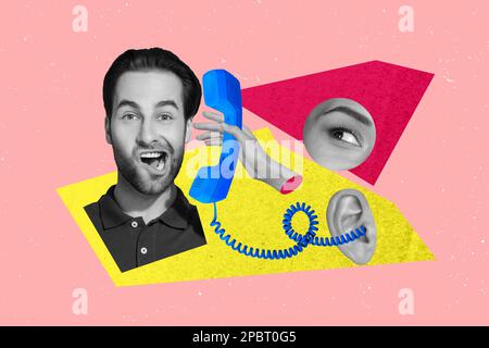 Composite-Collage-Foto eines jungen lustigen grimace Callcenter-Arbeiters, der Kontakt-Telekommunikations-Support beantwortet, isoliert auf pinkfarbenem Hintergrund Stockfoto