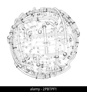 Rohre mit Flanschen um eine große Kugel Stockfoto