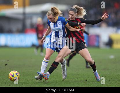 Crawley, Großbritannien. 12. März 2023. Während des FA Women's Super League-Spiels zwischen Brighton & Hove Albion und Manchester City im Broadfield Stadium. Kredit: James Boardman/Alamy Live News Stockfoto