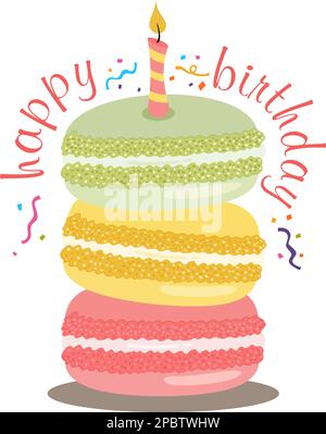 Herzlichen Glückwunsch zur Geburtstagskarte mit Makronen und Kerze Stockfoto