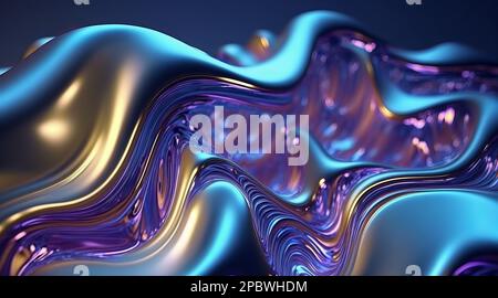 3D-Rendering, abstrakter Hintergrund, schillernde holografische Folie, metallische Textur, ultraviolette wellige Tapete, Flüssigkeitswelpen, flüssige Metalloberfläche, Esoter Stockfoto