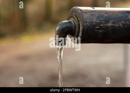 Ein alter rustikaler Trinkwasserbrunnen im Wald. Holzkonstruktion, rostiges Metallrohr und Wasserhahn, fließendes Wasser. Nahaufnahme, geringe Tiefe von f Stockfoto