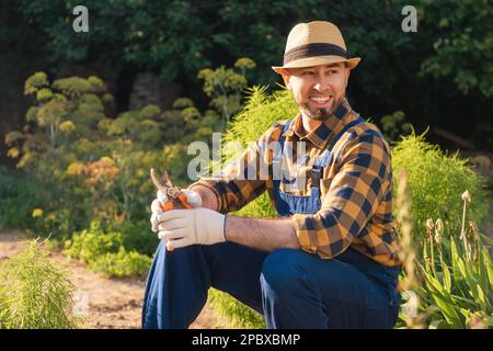 Porträt eines bärtigen, gutaussehenden, glücklichen Gärtners in Uniform und einem Strohhut, der sich in seinem Küchengarten mit einem Hochentaster entspannt. Im Hintergrund befindet sich ein Stockfoto