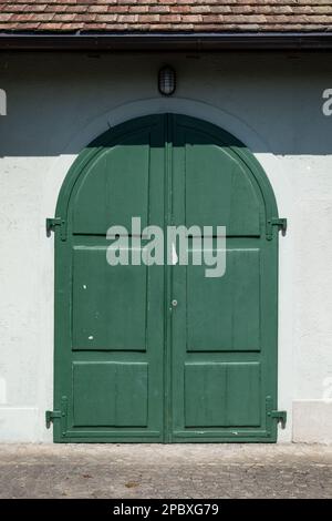 Alte hölzerne grüne Eingangstür. Große rustikale Eingangstür in einem Betongebäude in Europa. Vorderansicht, keine Leute Stockfoto
