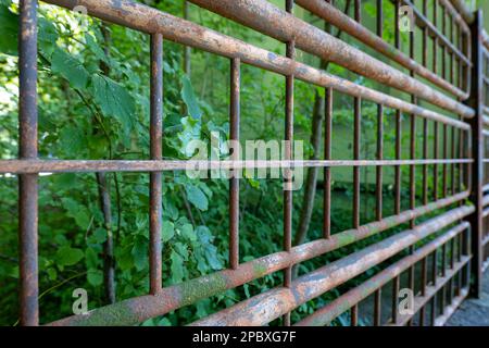 Rostgitter oder Gitter aus Stahl oder Eisenzaunen. Nahaufnahme Weitwinkelaufnahme, Grün im Hintergrund, keine Menschen. Stockfoto