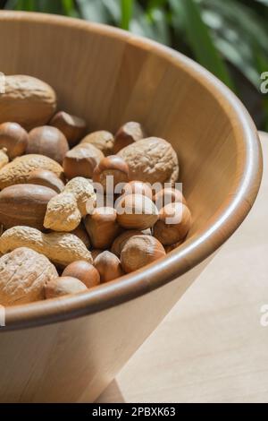 Verschiedene Nüsse in einer großen Holzschüssel auf einem blattgrünen Hintergrund. Makrofotografie Stockfoto