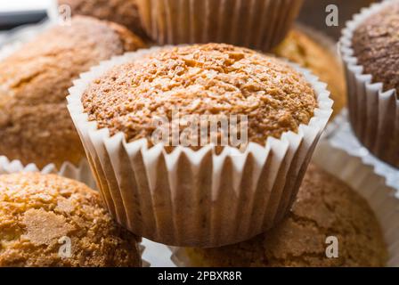 Blick auf eine Gruppe frisch gebackener Cupcakes mit geringer Feldtiefe. Stockfoto