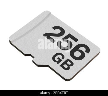 Speicherkarte mit 256 GB Speicherkapazität, microSD-Flash-Speicher isoliert auf weißem Hintergrund. 3D Abbildung Stockfoto