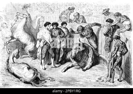 Tötung von Stier mit einem Puntilla-Messer oder Dolch während eines spanischen Stierkampfs oder Corrida Spanien. Klassische oder historische Gravur oder Illustration von Gustave Doré 1862 Stockfoto