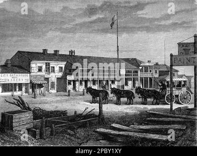 Früher oder historischer Blick auf die High Street oder Main Street mit Bus und Pferden, Postkutsche oder Wagen in Salt Lake City, Utah USA. Vintage-Gravur oder Abbildung 1862 Stockfoto