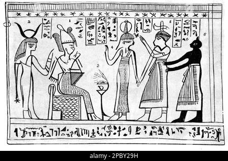 Abschnitt des Joseph Smith Papyri (JSP), eigentlich Teil des Ägyptischen Totenbuchs, in ägyptischen Hieroglyphen beschrieben. Vintage-Gravur oder Abbildung 1862 Stockfoto