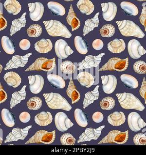 Dunkelblaue wasserfarbene Muscheln Nahtloses Muster für Stoff, Textildesign, Abdeckungen, Geschenkpapier in Beige-Orange Stockfoto