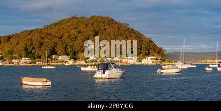 Boote, die im warmen Sonnenlicht am Ettalong Beach an der Central Coast von New South Wales in Australien an ihren Anlegestellen festgebunden sind Stockfoto