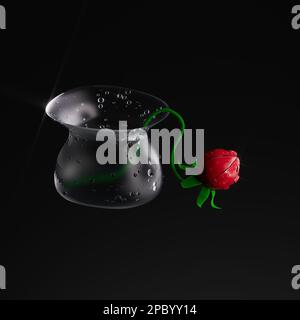 Rote, fantastische Blume in Vase mit Tau-Tropfen. 3D-Rendering, 3D-Abbildung. Stockfoto