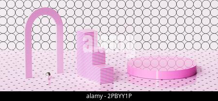 Bild mit Podium und geometrischen Formen. 3D-Rendering, 3D-Abbildung. Stockfoto