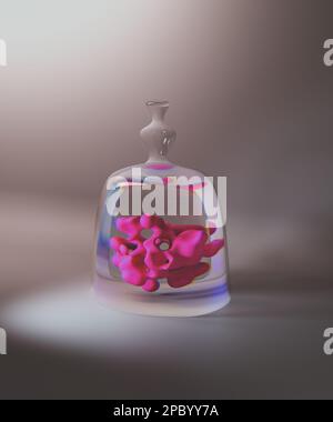 Makrozelle mit organischer Form und rosafarbener Farbe unter einer Glashaube. 3D-Rendering, 3D-Abbildung. Stockfoto