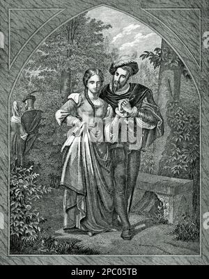 Europa, Deutschland, Faust und Gretchen , Lithographie aus : nationaler Kalender für alle Kronländer der kaiserl. königl. österreichische Monarchie auf das Schaltjahr 1856 , herausgegeben von Carl Wilhelm Medau, Lithographie von W. Klimt, Leitmeritz , Prag. / Europa, Deutschland, Faust und Gretchen, Lithographie aus : " National-Kalender für alle Kronländer der kaiserl. königl. Österreichschen Monarchie auf das Schaltjahr 1856 " ( Nationalkalender für alle Kronenländer der Kaisermonarchie von Österreich ) , veröffentlicht von Carl Wilhelm Medau, Lithographie von W. Klimt, Leitmeritz, Praha. Stockfoto