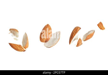 Leckere Mandelstücke auf weißem Hintergrund Stockfoto