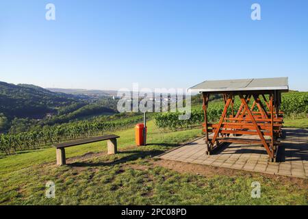 Ein Aussichtspunkt in den Weinbergen von Bad Sulza, mit der Stadt im Hintergrund. Thüringen - Deutschland Stockfoto