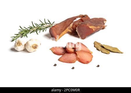 Getrocknetes Schweinefleisch, isoliert auf weißem Hintergrund Stockfoto