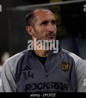 12. März 2023: LAFC-Verteidiger Giorgio Chiellini in Warm-ups vor dem Spiel. LAFC besiegte New Englan Revolution 4-0 im BOM Stadium, Los Angeles, CA, USA, 12. März 2023. (Kreditbild: © Scott Mitchell/ZUMA Press Wire) NUR REDAKTIONELLE VERWENDUNG! Nicht für den kommerziellen GEBRAUCH! Stockfoto