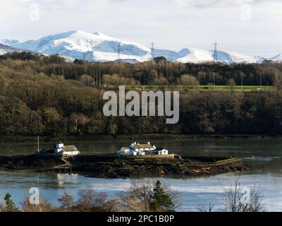 Blick auf Ynys Gored Goch Red Weir Island, eine kleine Insel im Swellies-Abschnitt der Menai Strait Isle of Anglesey North Wales, Großbritannien, im Privatbesitz und nur in Privatbesitz Stockfoto