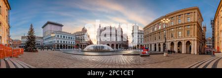 GENUA, ITALIEN - 30. DEZEMBER 2021: Piazza De Ferrari am Brunnen am Morgen. Stockfoto