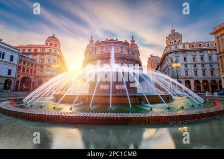 Genua, Italien an der piazza und am Brunnen am Morgen. Stockfoto