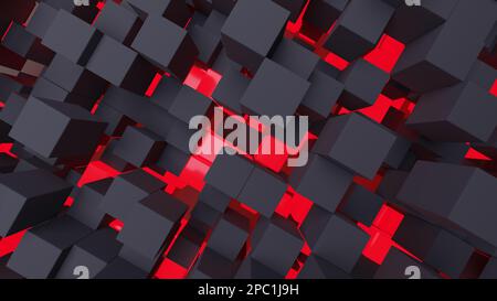 abstrakter 3D-Hintergrund zufällig positionierter schwarzer und roter Würfel. Stockfoto