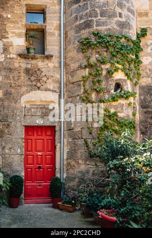 Rote Tür und Efeu Klettern auf den Steinturm eines mittelalterlichen Hauses in der Altstadt von Pezenas im Süden Frankreichs (Herault) Stockfoto