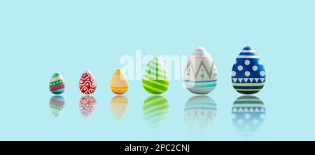 Ostereier Isolated ist in verschiedenen Mustern auf blauem Hintergrund mit Reflexion, Happy easter Celebration Konzept, 3D-Darstellung Stockfoto