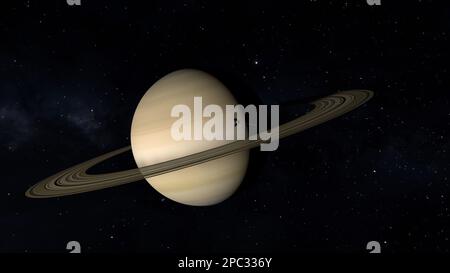 Raumsonde nähert sich Planet Saturn. 3D Abbildung. Stockfoto