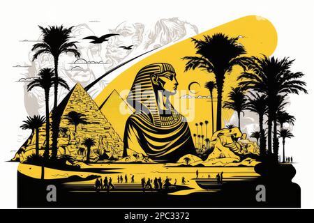 Egypt Travel Illustration, Tourismuskonzept Von Kairo, Pyramiden, Wahrzeichen, Architektonische Attraktion, Gizeh Silhouette Graphic Art Stockfoto