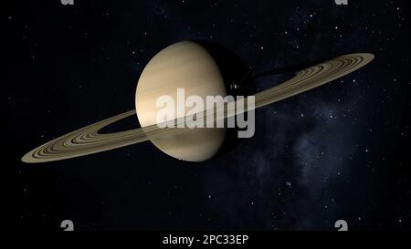 Raumsonde nähert sich Planet Saturn. 3D Abbildung. Stockfoto