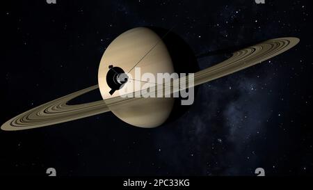 Raumsonde nähert sich Planet Saturn. 3D Abbildung. Stockfoto