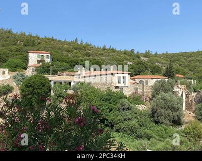 Urbanes altes Dorf mit traditionellem Steinhaus mit restauriertem Sonnenschirm aus Holz, umgeben von grünen Wäldern, Bergen, Pflanzen und rosafarbenen Blumen Stockfoto