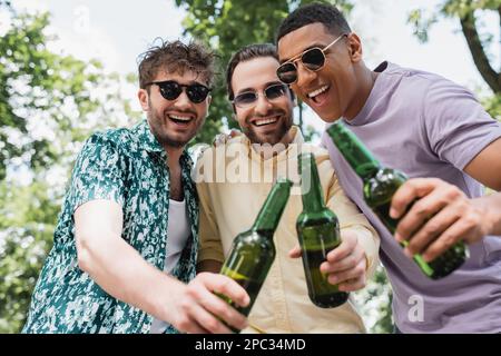 Überfreuliche multikulturelle Freunde in Sonnenbrillen, die Bierflaschen im Sommerpark knallen, Stockbild Stockfoto