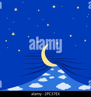Illustration Cartoon Hand Zeichnen Tag Tag ändern Sonnenaufgang Sonnenuntergang Mond und Sterne schließen sich als Vorhang auf bewölktem blauen Himmel, die gute Nacht wünschen Stockfoto