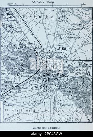 Stadtplan von Laibach, heute Ljubljana und Umgebung, Ljubljana, Slowenien, Südeuropa Stockfoto
