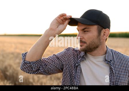 Bärtiger Bauer in einer Mütze und einem karierten Hemd vor dem Hintergrund eines Feldes Stockfoto